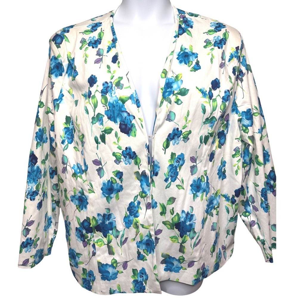 COUNTRY STORE White Blue Floral Lined Blazer 2X Office-Wear Casual-Chic Coastal